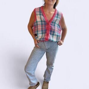 vintage cotton sweater vest pink and pastel plaid US women's medium